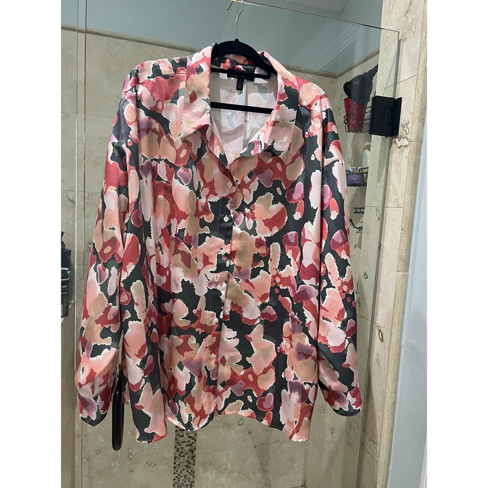 Eloquii Pink Peach Floral Satin Long Sleeve Button Down Blouse Top Plus Size 28